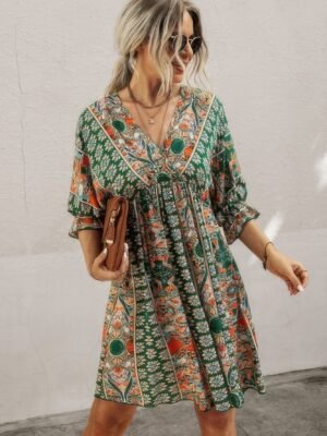 Boho Print Wrap Neck Tie Back Pleated Hem Dress