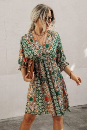 Boho Print Wrap Neck Tie Back Pleated Hem Dress