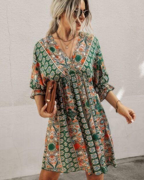 boho print wrap neck tie back pleated hem dress