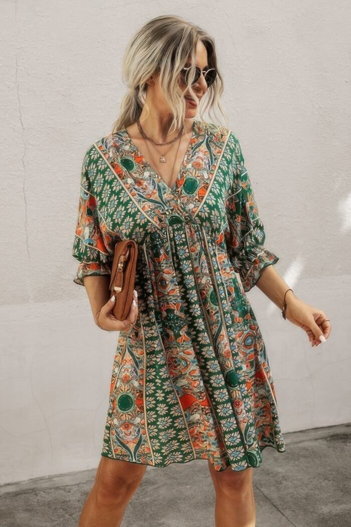 Boho print wrap neck tie back pleated hem dress - image 1