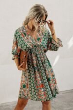 Boho Print Wrap Neck Tie Back Pleated Hem Dress - Image 2
