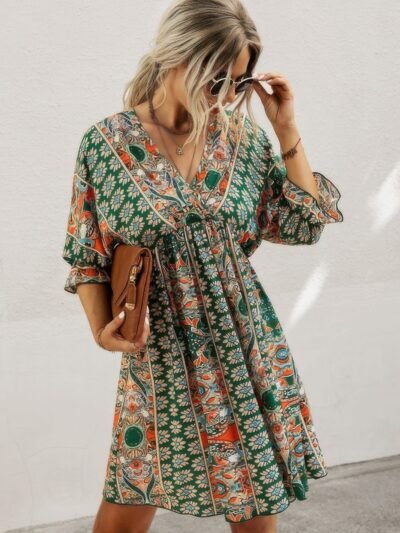 Boho Print Wrap Neck Tie Back Pleated Hem Dress Boho Print Wrap Neck Tie Back Pleated Hem Dress