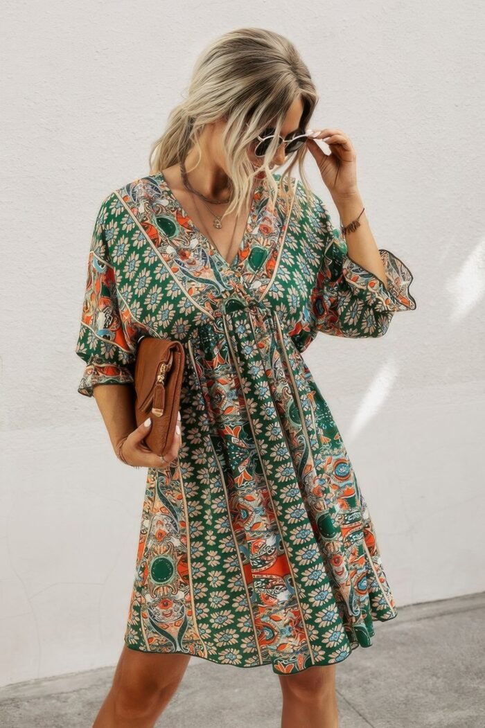 Boho print wrap neck tie back pleated hem dress - image 2