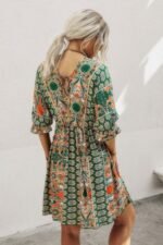 Boho Print Wrap Neck Tie Back Pleated Hem Dress - Image 3