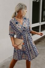 Boho Print Wrap Neck Tie Back Pleated Hem Dress - Image 4
