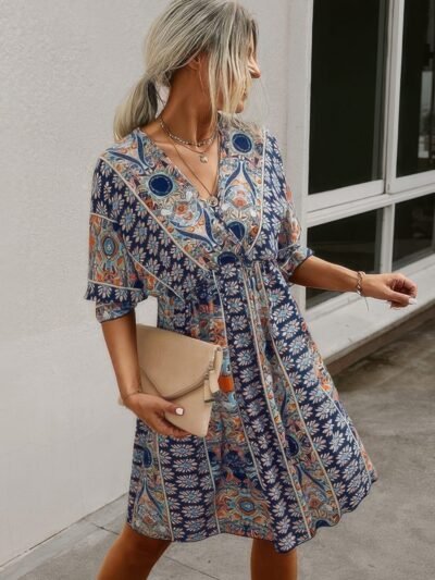 Boho Print Wrap Neck Tie Back Pleated Hem Dress Boho Print Wrap Neck Tie Back Pleated Hem Dress