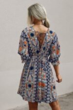 Boho Print Wrap Neck Tie Back Pleated Hem Dress - Image 6