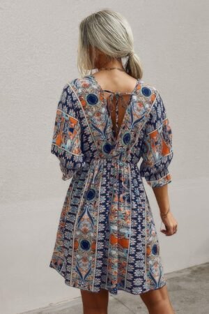 Boho Print Wrap Neck Tie Back Pleated Hem Dress