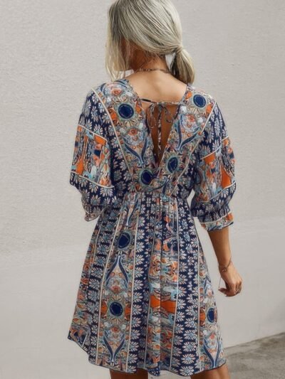Boho Print Wrap Neck Tie Back Pleated Hem Dress Boho Print Wrap Neck Tie Back Pleated Hem Dress