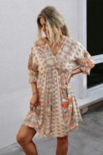 Boho Print Wrap Neck Tie Back Pleated Hem Dress - Image 7