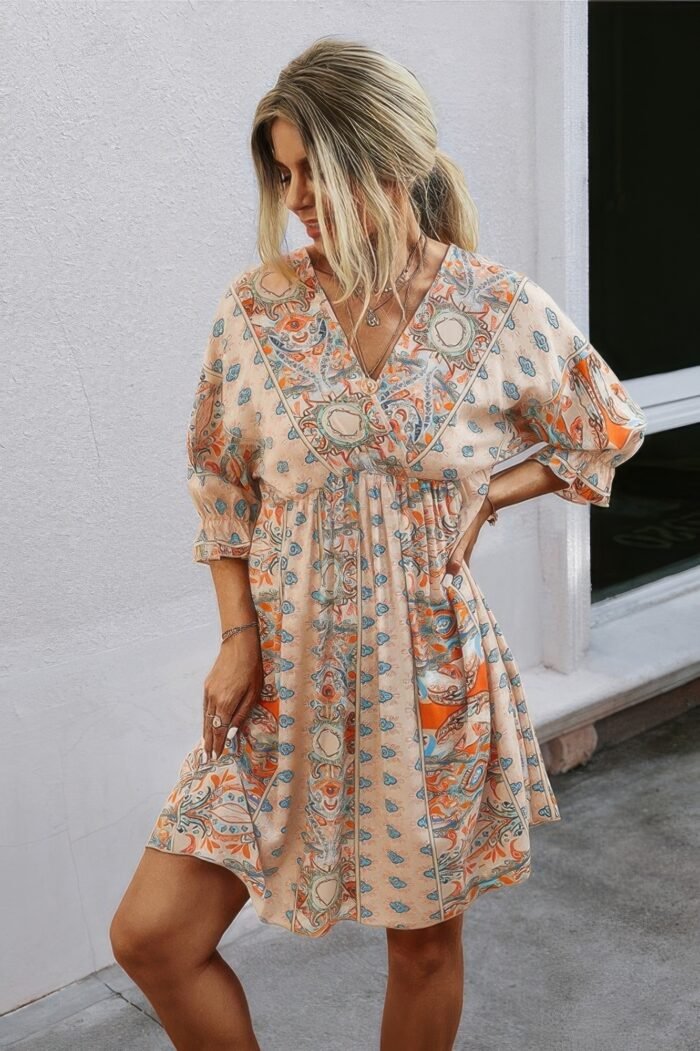 Boho print wrap neck tie back pleated hem dress - image 7