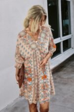 Boho Print Wrap Neck Tie Back Pleated Hem Dress - Image 8