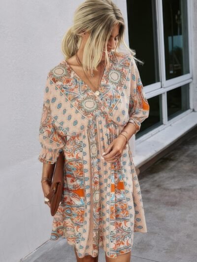 Boho Print Wrap Neck Tie Back Pleated Hem Dress Boho Print Wrap Neck Tie Back Pleated Hem Dress