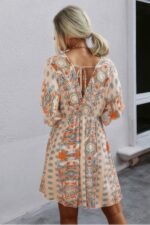 Boho Print Wrap Neck Tie Back Pleated Hem Dress - Image 9