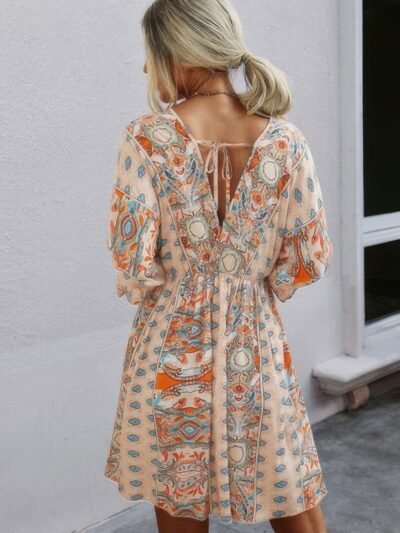 Boho Print Wrap Neck Tie Back Pleated Hem Dress Boho Print Wrap Neck Tie Back Pleated Hem Dress