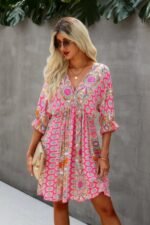 Boho Print Wrap Neck Tie Back Pleated Hem Dress - Image 10
