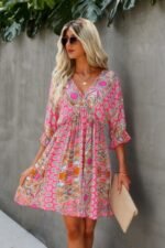 Boho Print Wrap Neck Tie Back Pleated Hem Dress - Image 11
