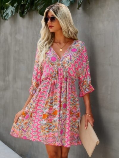 Boho Print Wrap Neck Tie Back Pleated Hem Dress Boho Print Wrap Neck Tie Back Pleated Hem Dress