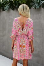 Boho Print Wrap Neck Tie Back Pleated Hem Dress - Image 12