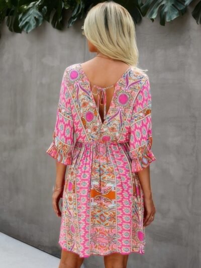 Boho Print Wrap Neck Tie Back Pleated Hem Dress Boho Print Wrap Neck Tie Back Pleated Hem Dress