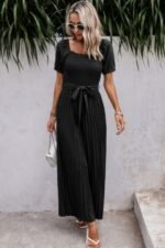 Square Neck Ruffle Trim Belted Pleated Jumpsuit - Image 2