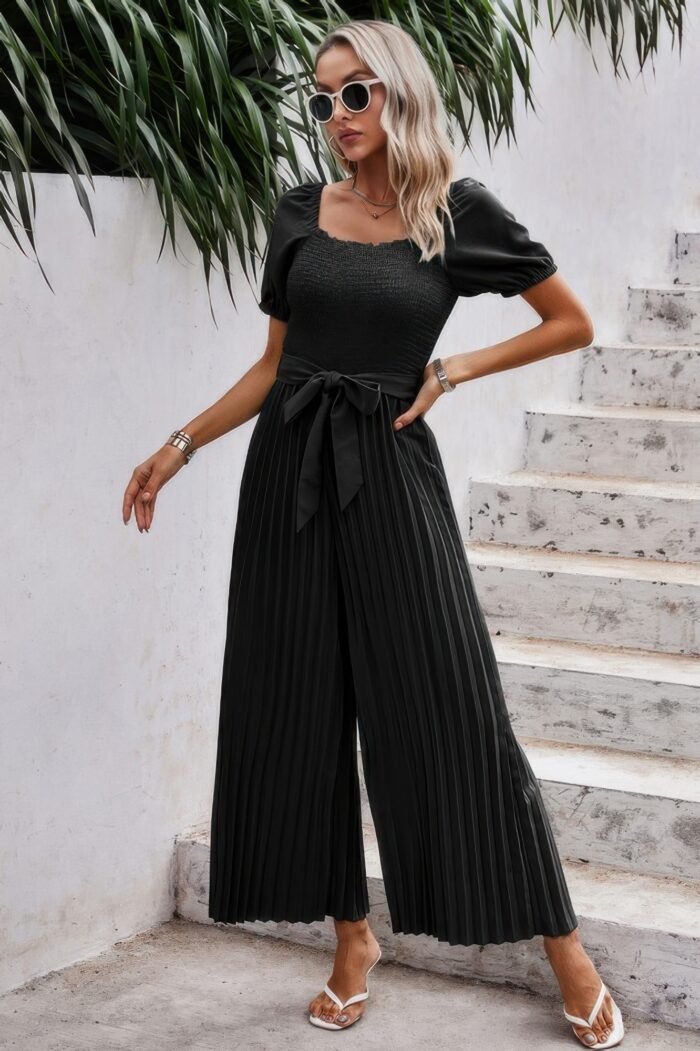 Square neck ruffle trim belted pleated jumpsuit - image 3