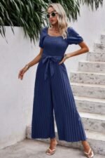 Square Neck Ruffle Trim Belted Pleated Jumpsuit - Image 4