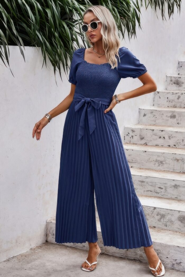 Square neck ruffle trim belted pleated jumpsuit - image 4