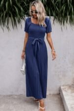 Square Neck Ruffle Trim Belted Pleated Jumpsuit - Image 5
