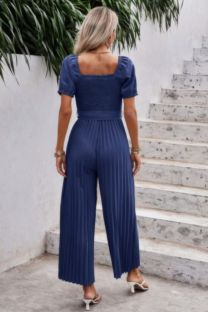 Square neck ruffle trim belted pleated jumpsuit - image 6