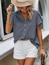 Solid Button Trim V Neck Loose Fit Blouse