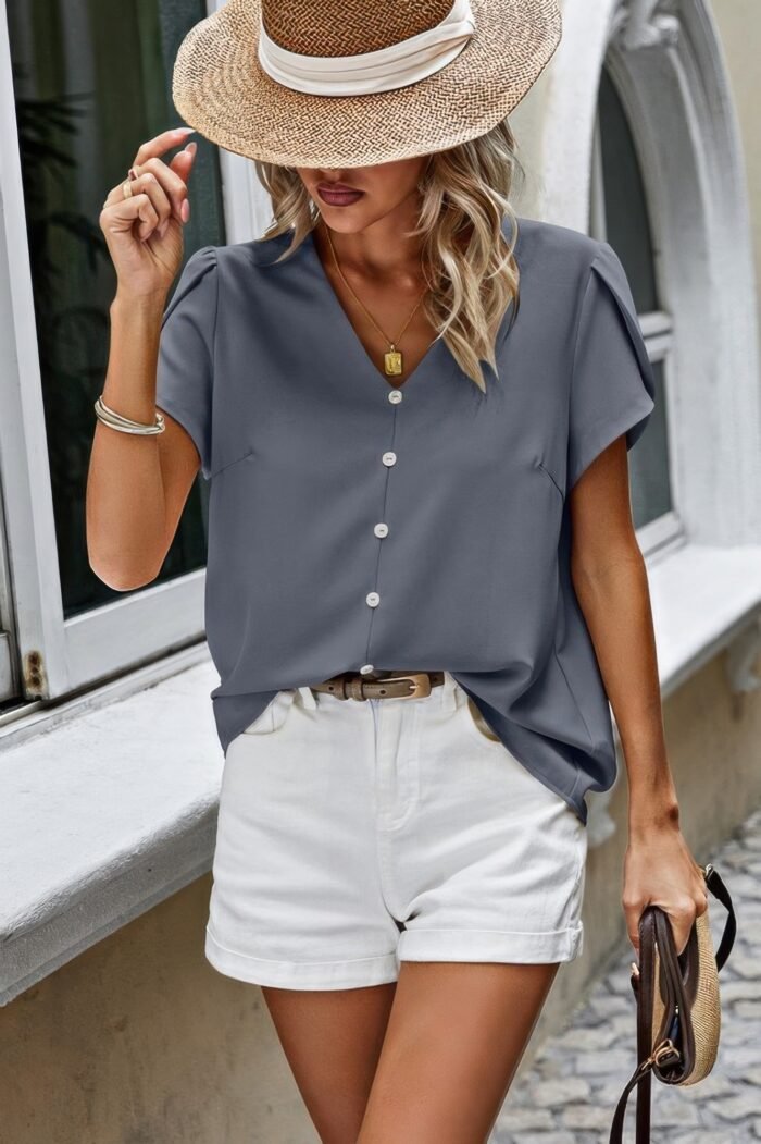 Solid button trim v neck loose fit blouse