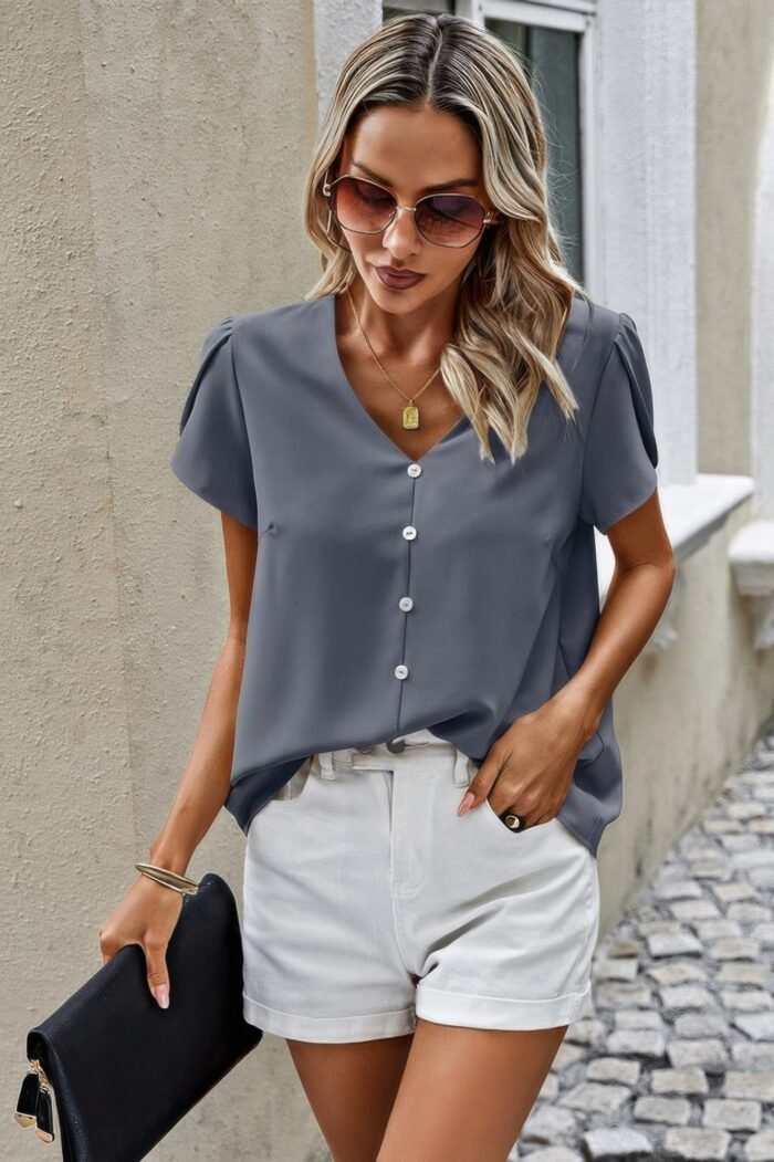 Solid button trim v neck loose fit blouse