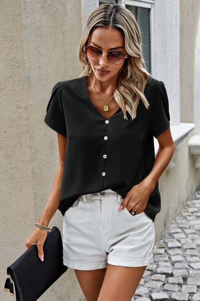 Solid button trim v neck loose fit blouse