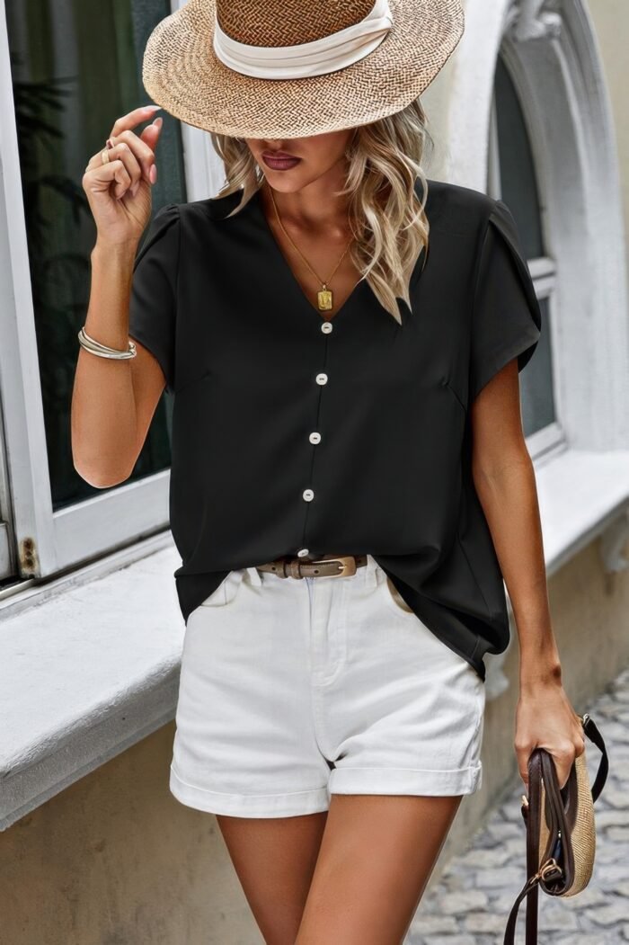 Solid button trim v neck loose fit blouse