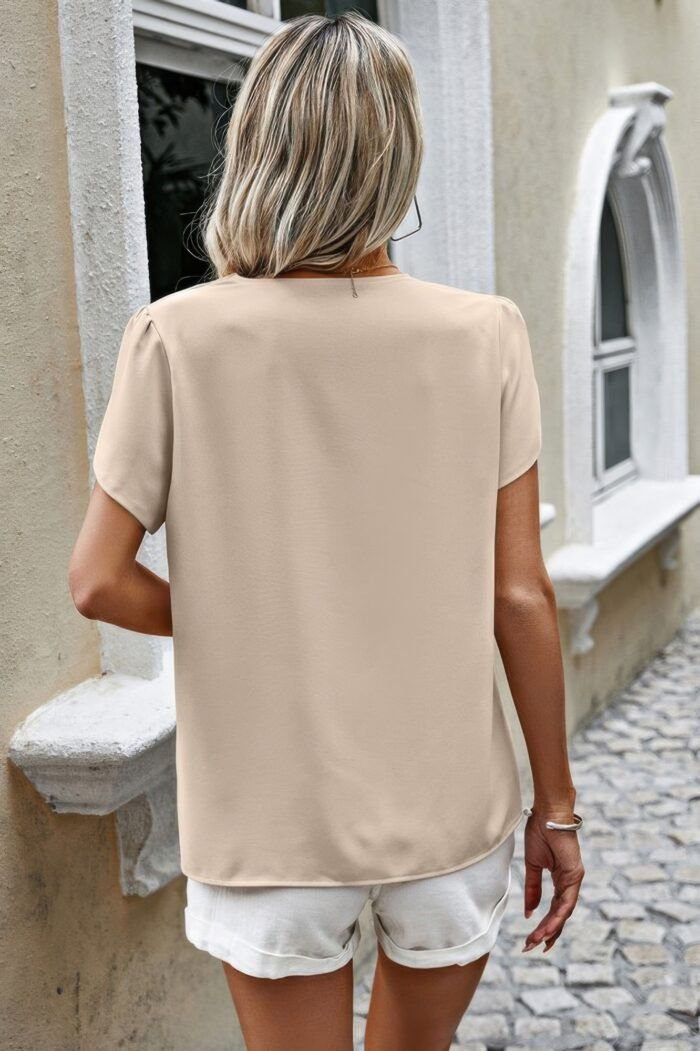 Solid button trim v neck loose fit blouse