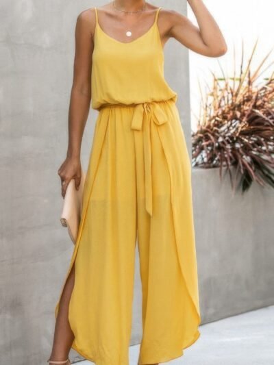 V Neck Suspenders Wide Leg Side Slit Jumpsuit V Neck Suspenders Wide Leg Side Slit Jumpsuit