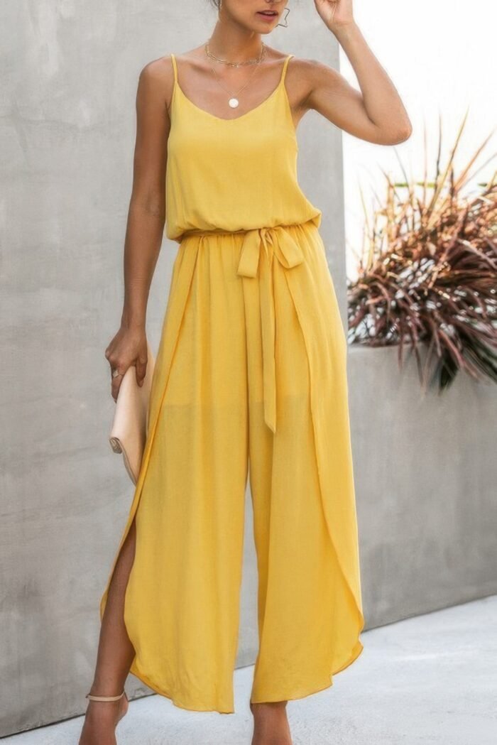 V neck suspenders wide leg side slit jumpsuit