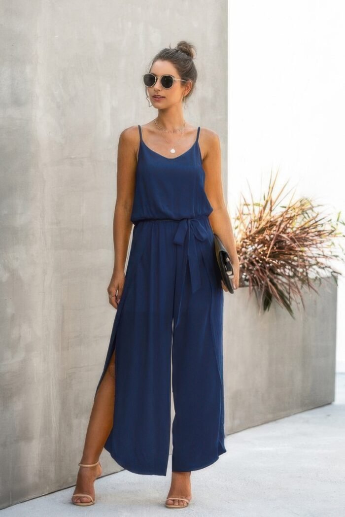 V neck suspenders wide leg side slit jumpsuit