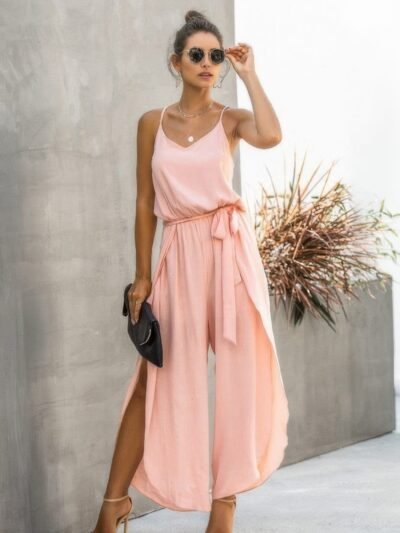 V Neck Suspenders Wide Leg Side Slit Jumpsuit V Neck Suspenders Wide Leg Side Slit Jumpsuit