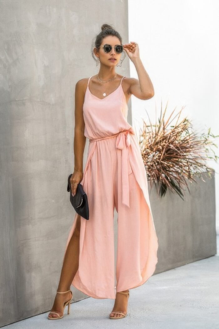 V neck suspenders wide leg side slit jumpsuit