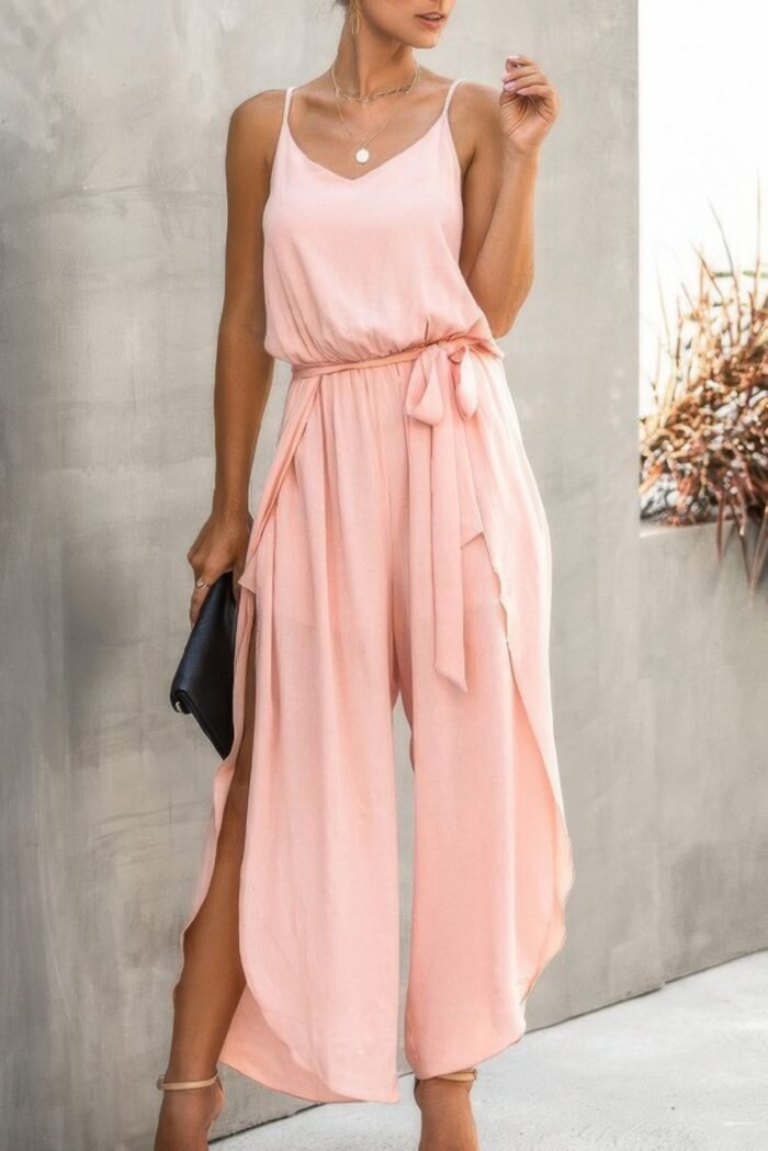 V neck suspenders wide leg side slit jumpsuit