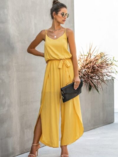V Neck Suspenders Wide Leg Side Slit Jumpsuit V Neck Suspenders Wide Leg Side Slit Jumpsuit