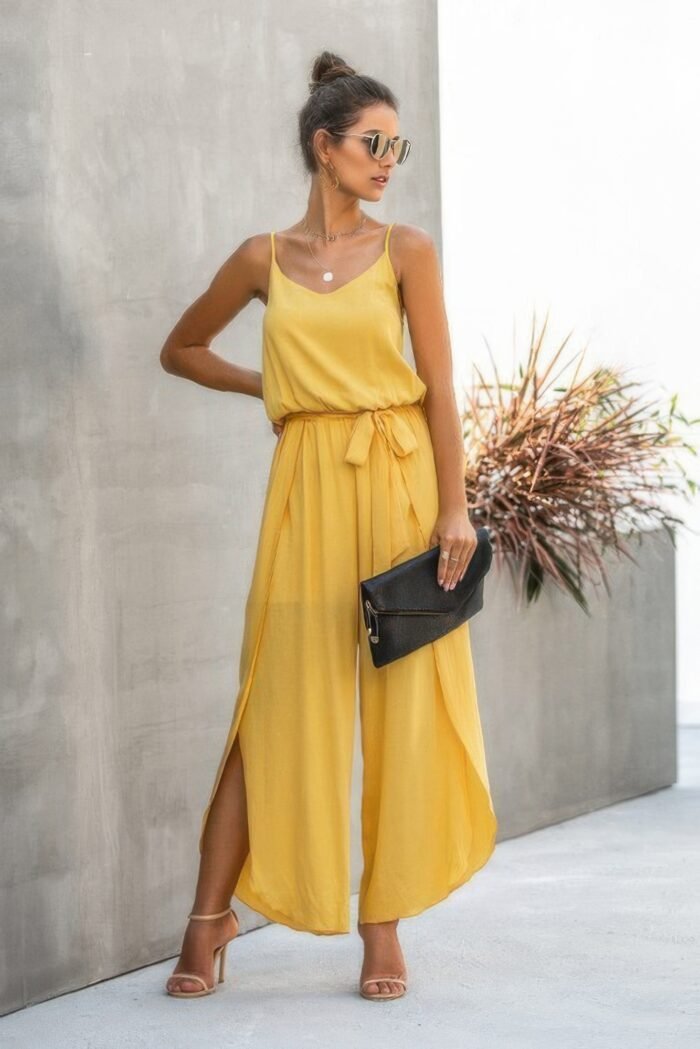 V neck suspenders wide leg side slit jumpsuit