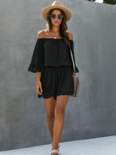Chiffon Off Shoulder Flare Sleeves Loose Fit Romper Chiffon Off Shoulder Flare Sleeves Loose Fit Romper
