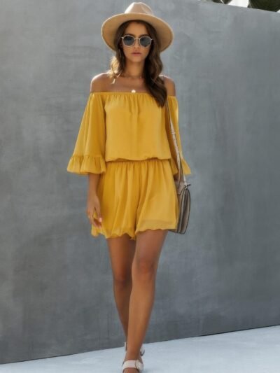 Chiffon Off Shoulder Flare Sleeves Loose Fit Romper Chiffon Off Shoulder Flare Sleeves Loose Fit Romper