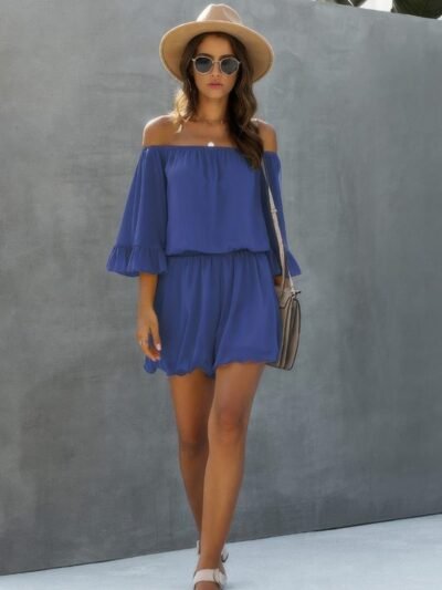 Chiffon Off Shoulder Flare Sleeves Loose Fit Romper Chiffon Off Shoulder Flare Sleeves Loose Fit Romper