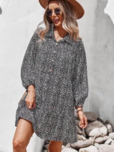 Animal Print Button Down A Line Lantem Sleeve Dress