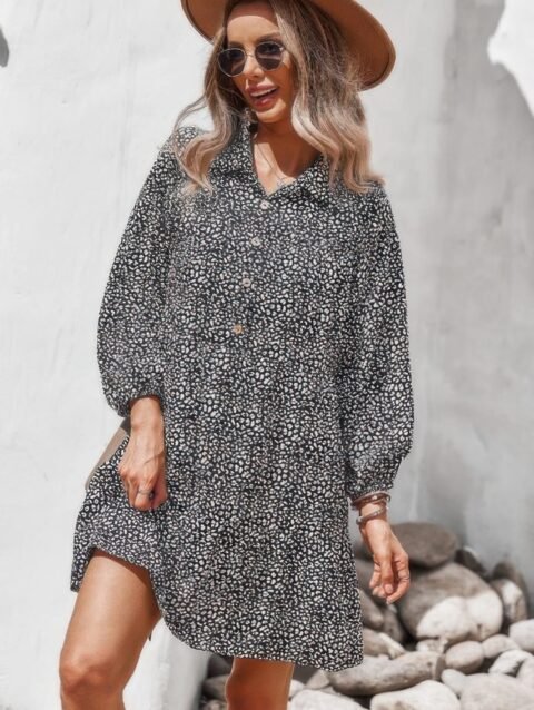 Animal Print Button Down A Line Lantem Sleeve Dress