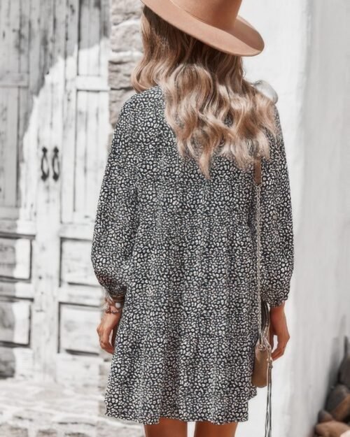 animal print button down a line lantem sleeve dress